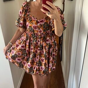 Topshop Floral Puff Sleeve Dress with loop detail pink size 6